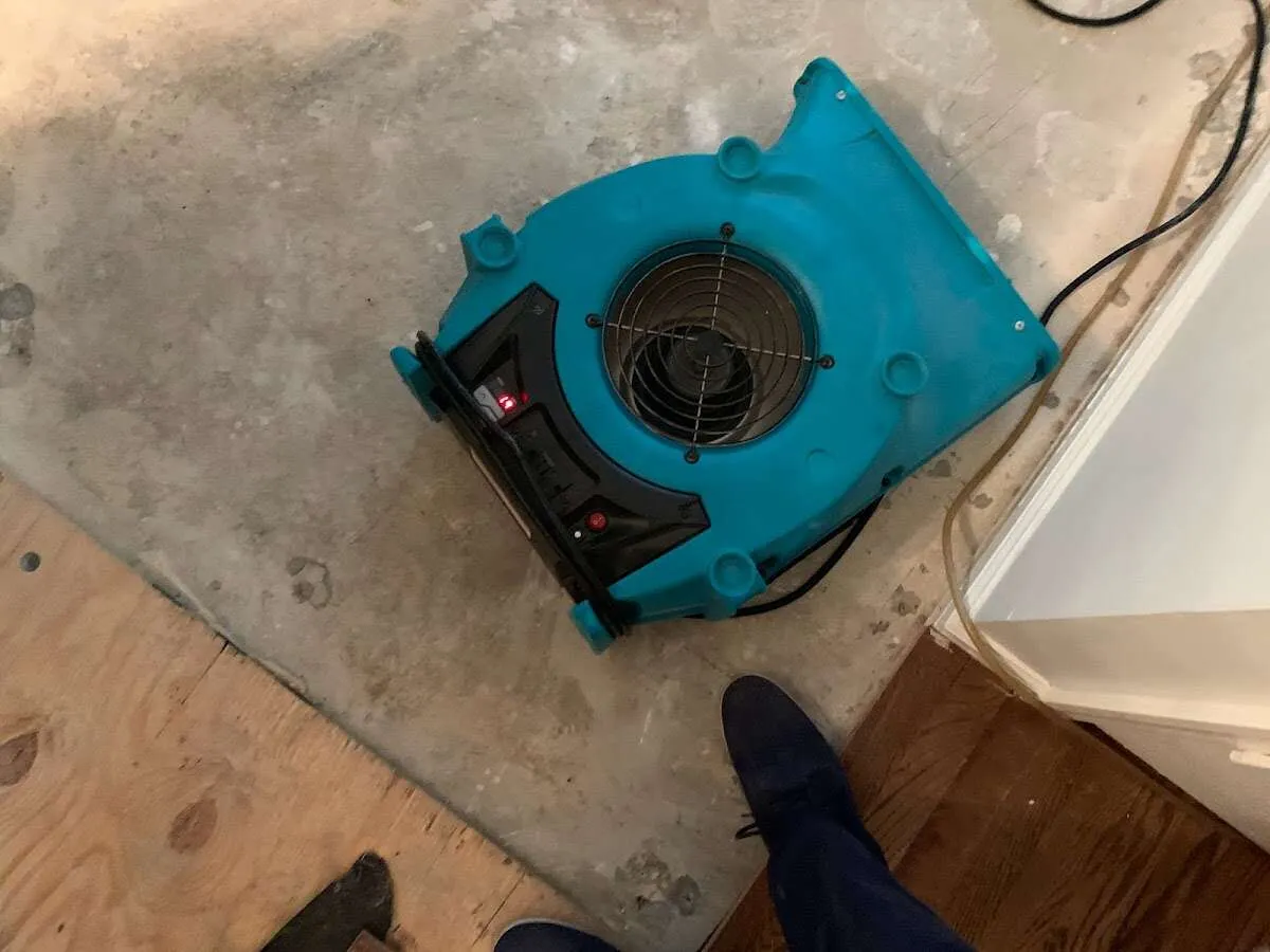 Air mover drying subfloor during Commercial Water Damage Restoration in Marion